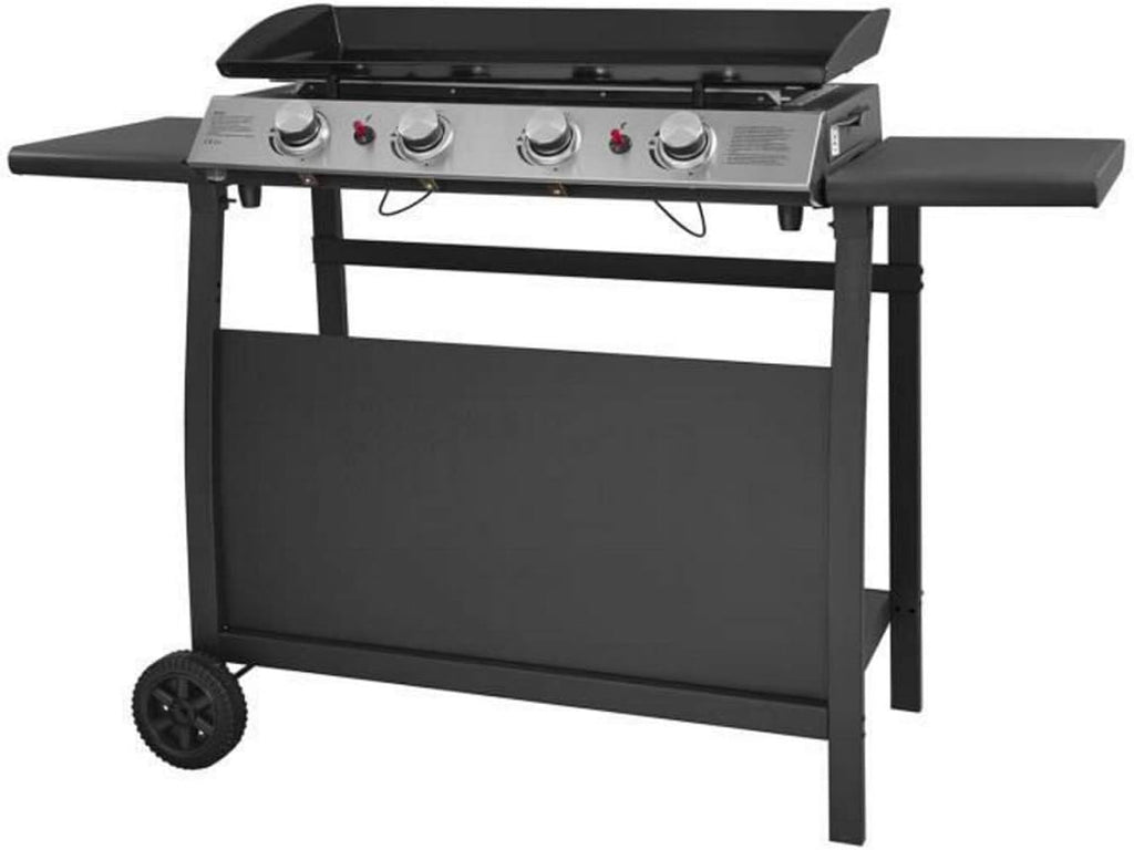 4 Burner Gas BBQ Plancha Grill 10kw Output Power with Detachable Trolley - Gas Bottle Regulator - Cover