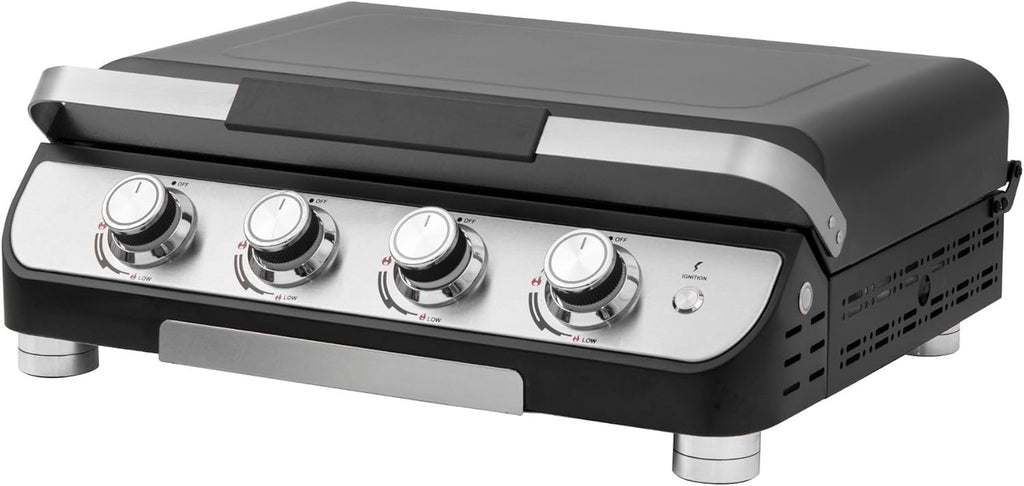 4 Burner Gas BBQ Plancha Grill 10kw Output Power with Detachable Trolley - Gas Bottle Regulator - Cover