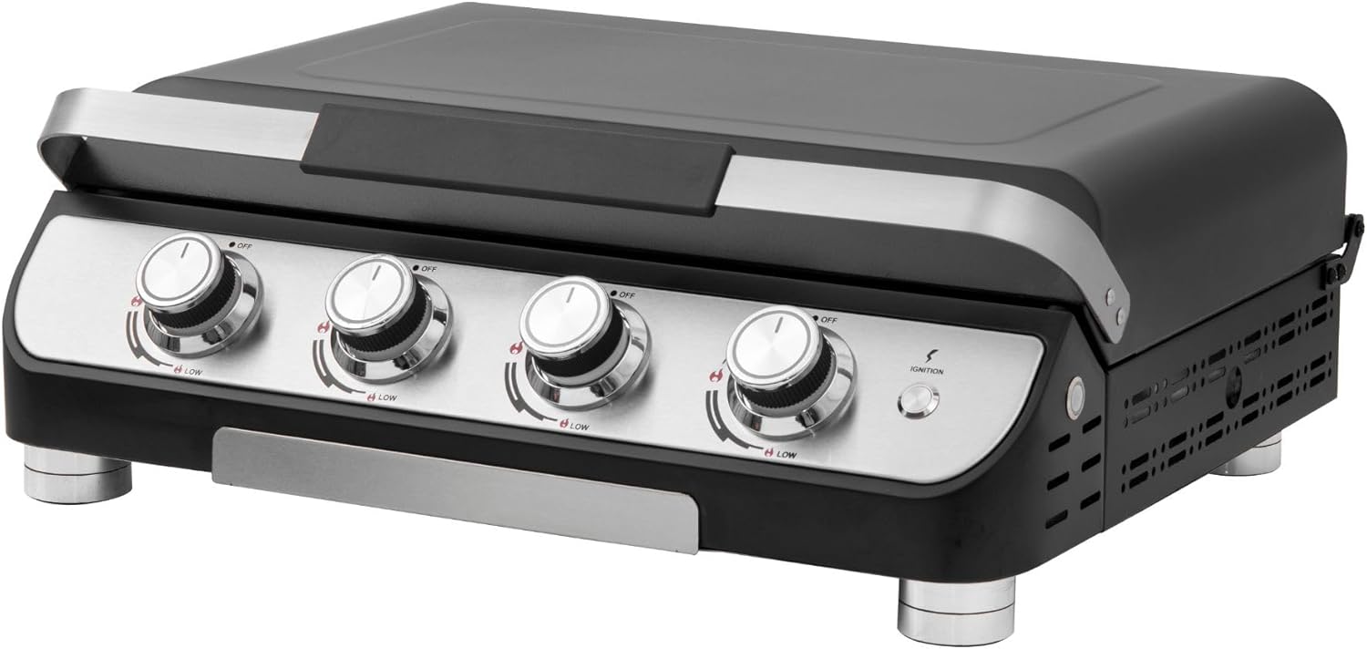 4 Burner Gas BBQ Plancha Grill 10kw Output Power with Detachable Trolley - Gas Bottle Regulator - Cover