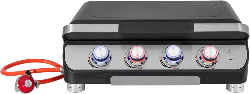 4 Burner Gas BBQ Plancha Grill 10kw Output Power with Detachable Trolley - Gas Bottle Regulator - Cover