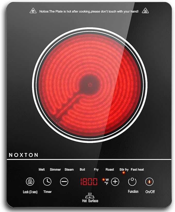 Noxton Double Ceramic Hob, Double Electric Hob Portable 30cm with 4-Hour Timer, 9 Power up to 2800W, Safety Lock, for All Type Pot