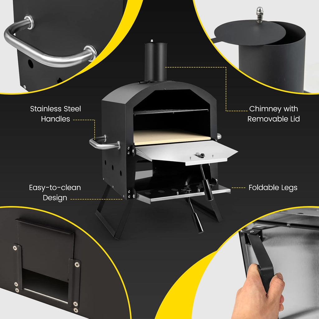 COSTWAY Outdoor Pizza Oven, 1/2-Layer Wood Fired Pizza Maker with Waterproof Cover, Anti-scalding Handles, Pizza Stone & Pizza Peel, Outside Pizza Cooker (54 x 31 x 72 cm, 2-Layer, 1 Grill)