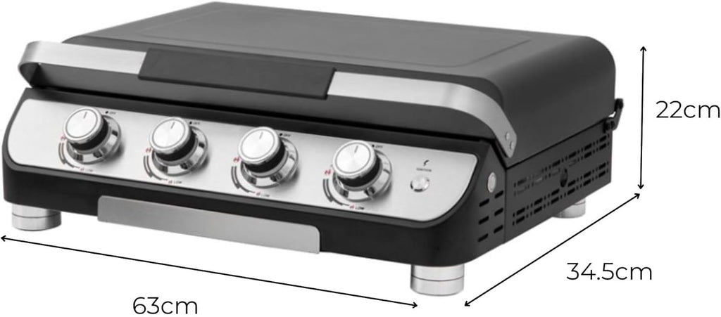 4 Burner Gas BBQ Plancha Grill 10kw Output Power with Detachable Trolley - Gas Bottle Regulator - Cover