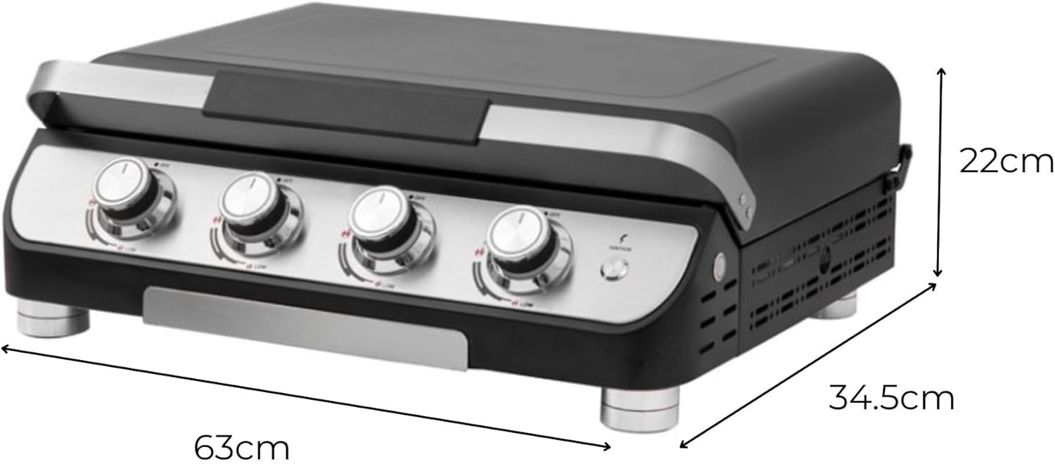 4 Burner Gas BBQ Plancha Grill 10kw Output Power with Detachable Trolley - Gas Bottle Regulator - Cover