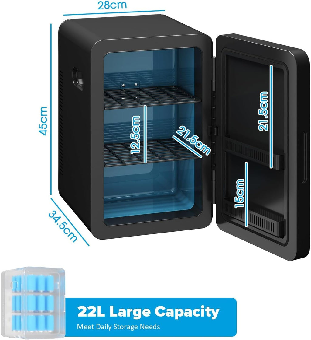 Mini Fridge 22L/30 Cans Portable Cooler & Warmer Mini Fridge for Bedrooms with Adjustable Shelves, AC+12V DC Small Fridges for Office, Car, Travel,Home, Skincare, Drinks & Cosmetics (Black)