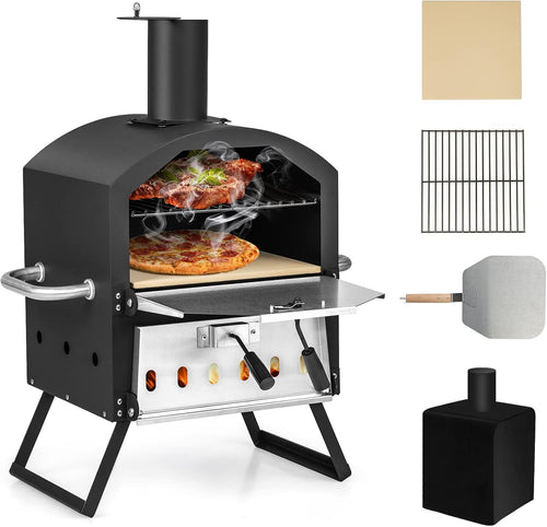 COSTWAY Outdoor Pizza Oven, 1/2-Layer Wood Fired Pizza Maker with Waterproof Cover, Anti-scalding Handles, Pizza Stone & Pizza Peel, Outside Pizza Cooker (54 x 31 x 72 cm, 2-Layer, 1 Grill)