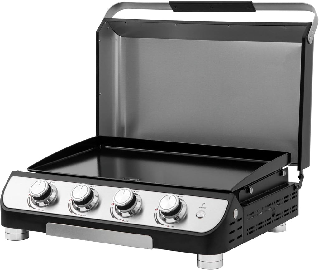 4 Burner Gas BBQ Plancha Grill 10kw Output Power with Detachable Trolley - Gas Bottle Regulator - Cover