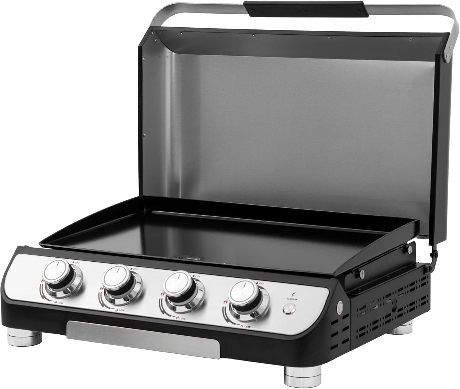 4 Burner Gas BBQ Plancha Grill 10kw Output Power with Detachable Trolley - Gas Bottle Regulator - Cover