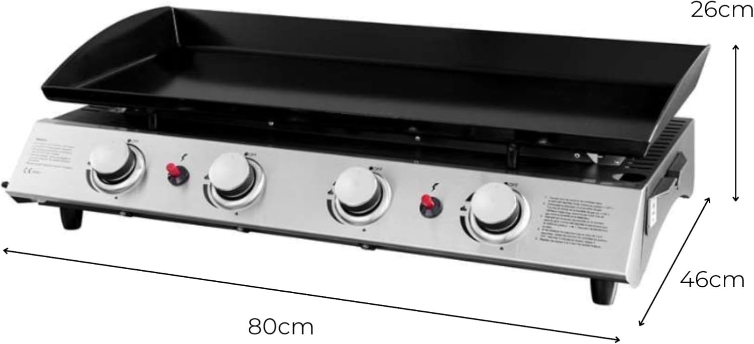4 Burner Gas BBQ Plancha Grill 10kw Output Power with Detachable Trolley - Gas Bottle Regulator - Cover