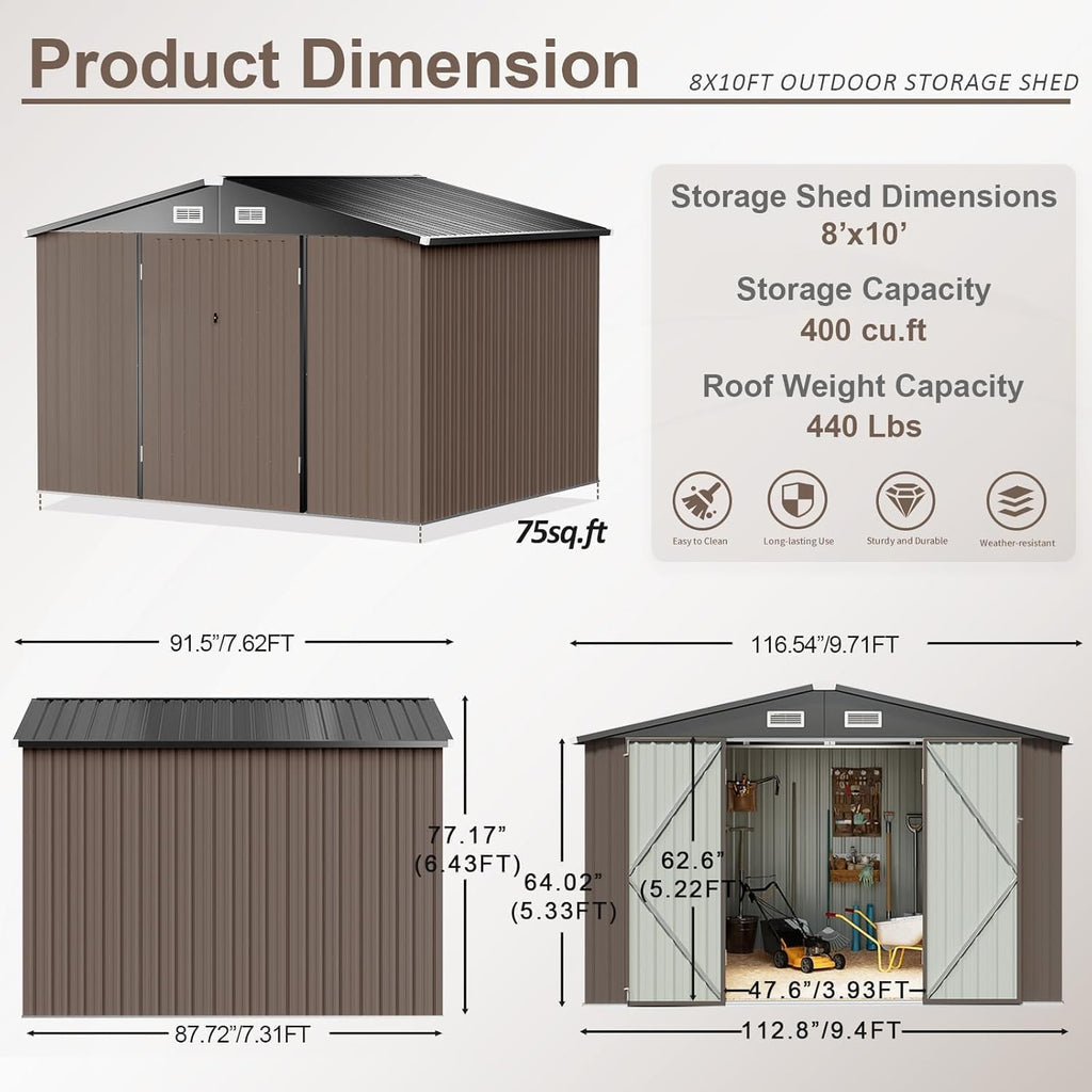 Aoxun Outdoor Storage Shed, 3' x 5' Galvanized Metal Shed with Air Vent and Sliding Door, Tool Storage, Bike Shed, Garden Tool Storage Shed, for Patio, Lawn