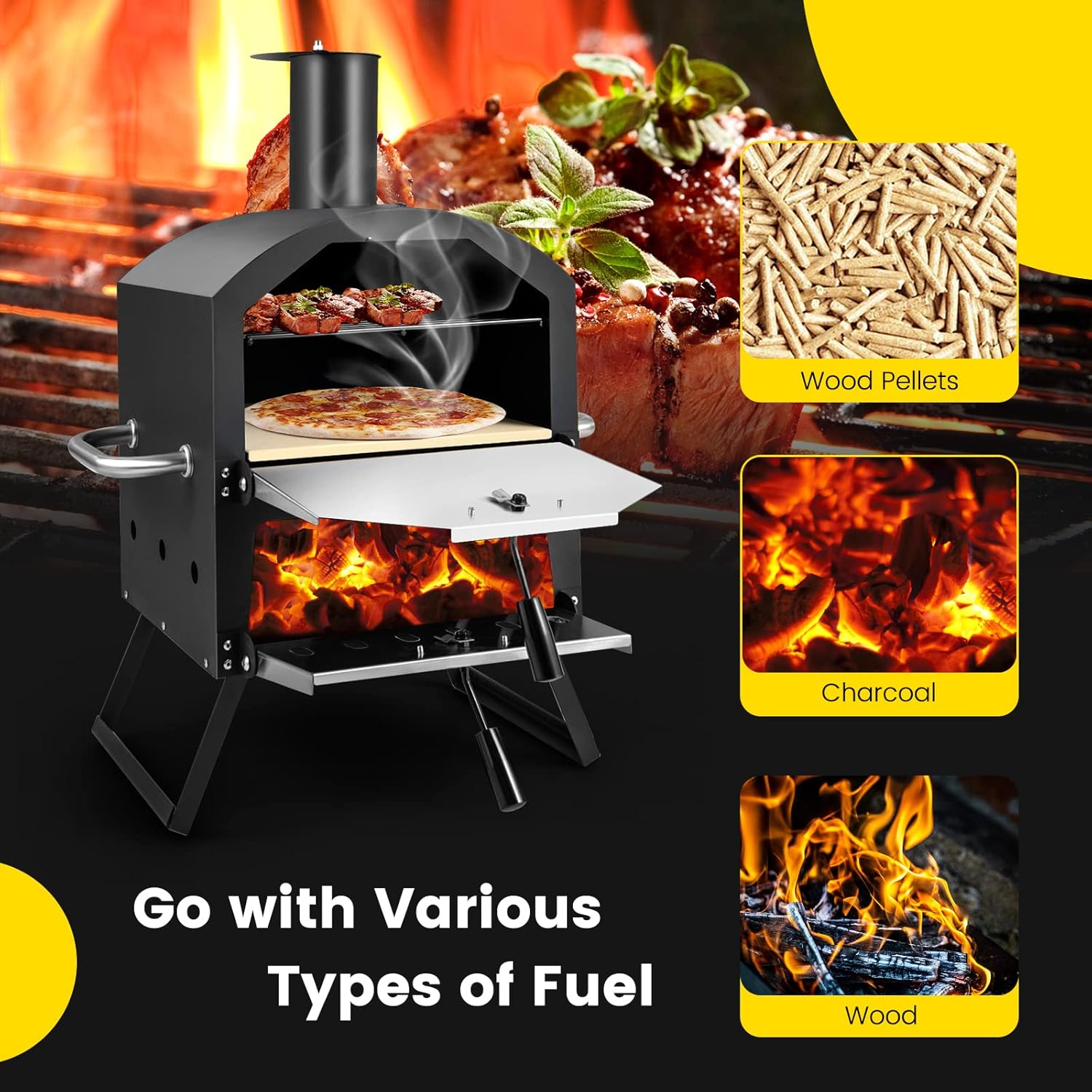 COSTWAY Outdoor Pizza Oven, 1/2-Layer Wood Fired Pizza Maker with Waterproof Cover, Anti-scalding Handles, Pizza Stone & Pizza Peel, Outside Pizza Cooker (54 x 31 x 72 cm, 2-Layer, 1 Grill)