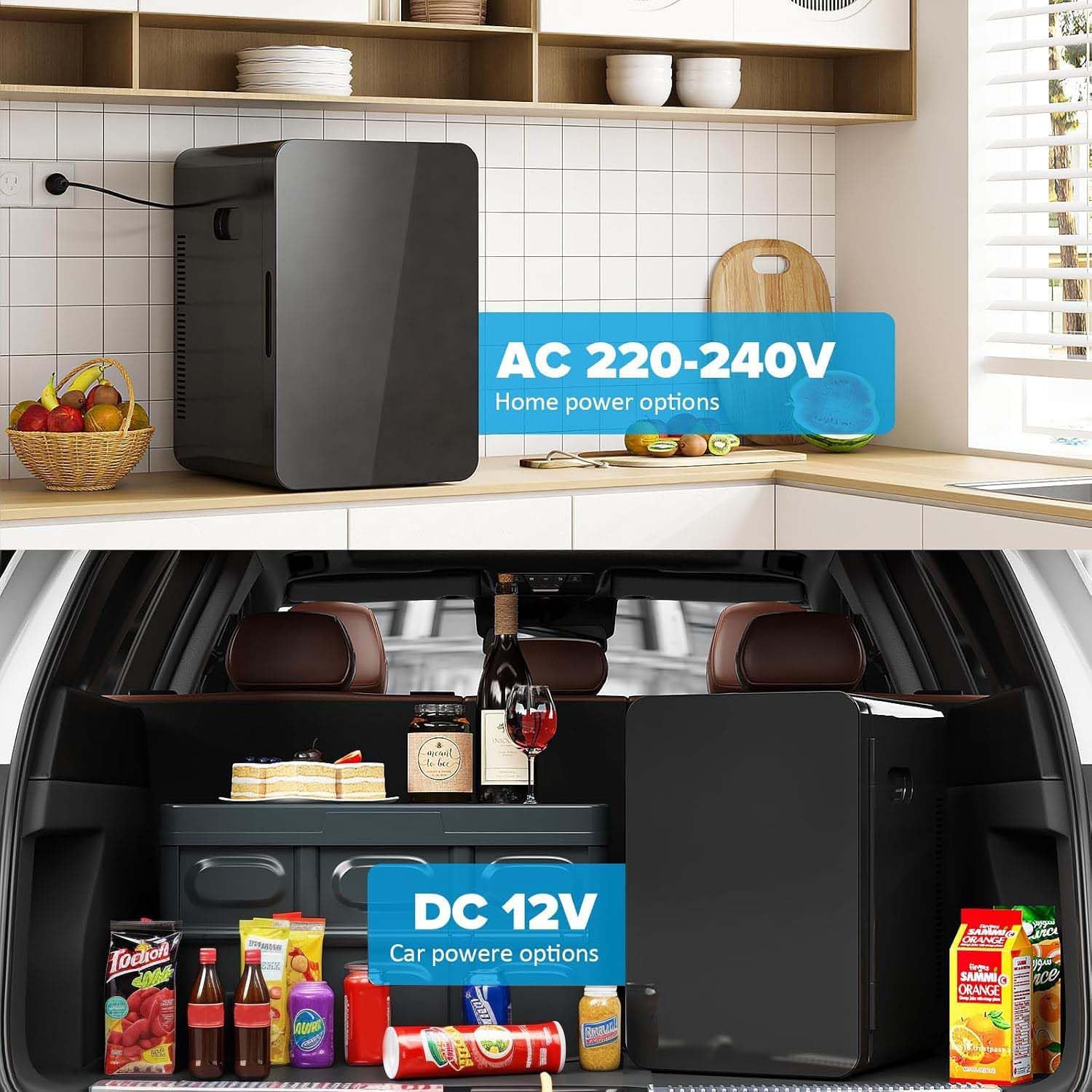 Mini Fridge 22L/30 Cans Portable Cooler & Warmer Mini Fridge for Bedrooms with Adjustable Shelves, AC+12V DC Small Fridges for Office, Car, Travel,Home, Skincare, Drinks & Cosmetics (Black)