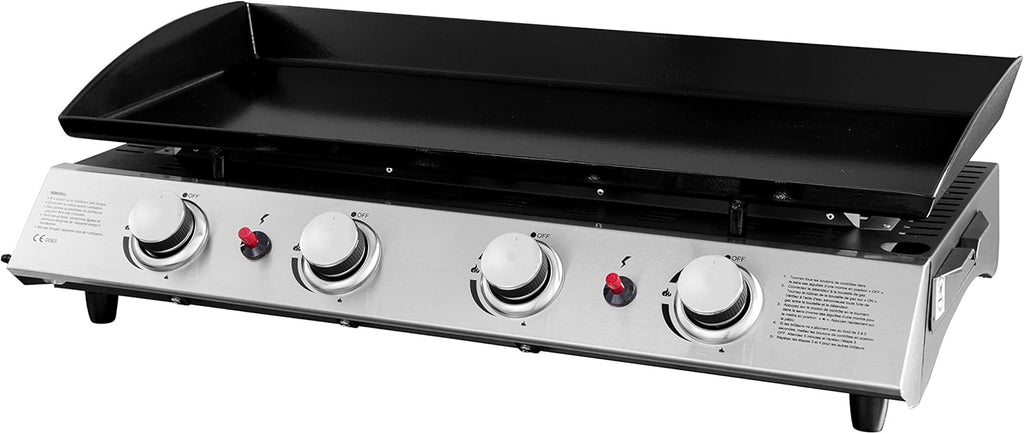 4 Burner Gas BBQ Plancha Grill 10kw Output Power with Detachable Trolley - Gas Bottle Regulator - Cover