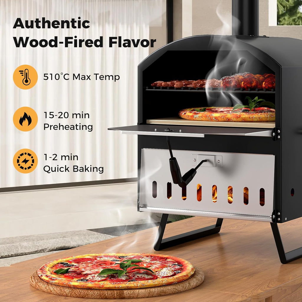 COSTWAY Outdoor Pizza Oven, 1/2-Layer Wood Fired Pizza Maker with Waterproof Cover, Anti-scalding Handles, Pizza Stone & Pizza Peel, Outside Pizza Cooker (54 x 31 x 72 cm, 2-Layer, 1 Grill)