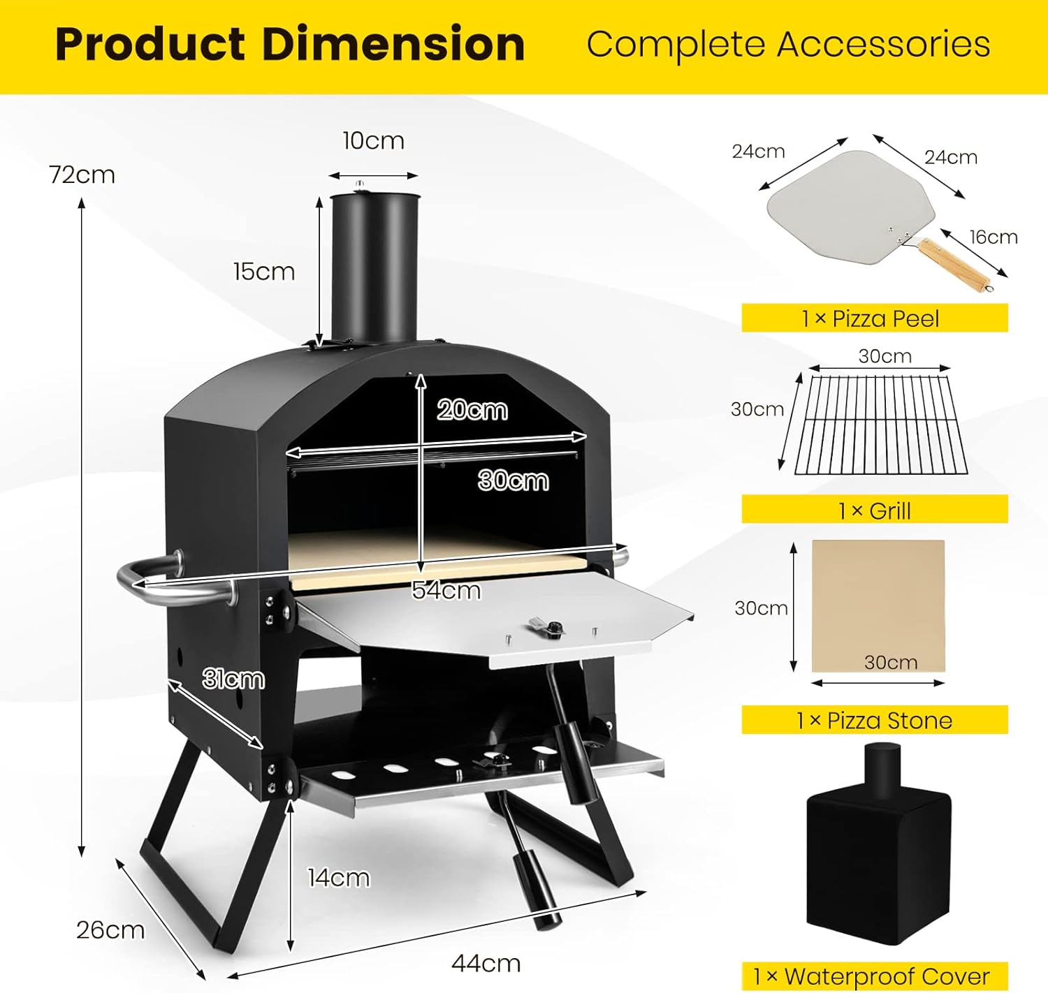 COSTWAY Outdoor Pizza Oven, 1/2-Layer Wood Fired Pizza Maker with Waterproof Cover, Anti-scalding Handles, Pizza Stone & Pizza Peel, Outside Pizza Cooker (54 x 31 x 72 cm, 2-Layer, 1 Grill)