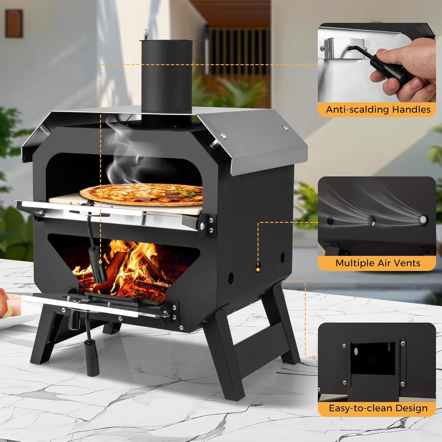 COSTWAY Outdoor Pizza Oven, 1/2-Layer Wood Fired Pizza Maker with Waterproof Cover, Anti-scalding Handles, Pizza Stone & Pizza Peel, Outside Pizza Cooker (54 x 31 x 72 cm, 2-Layer, 1 Grill)