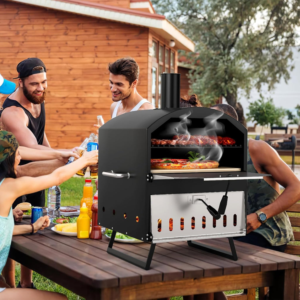 COSTWAY Outdoor Pizza Oven, 1/2-Layer Wood Fired Pizza Maker with Waterproof Cover, Anti-scalding Handles, Pizza Stone & Pizza Peel, Outside Pizza Cooker (54 x 31 x 72 cm, 2-Layer, 1 Grill)
