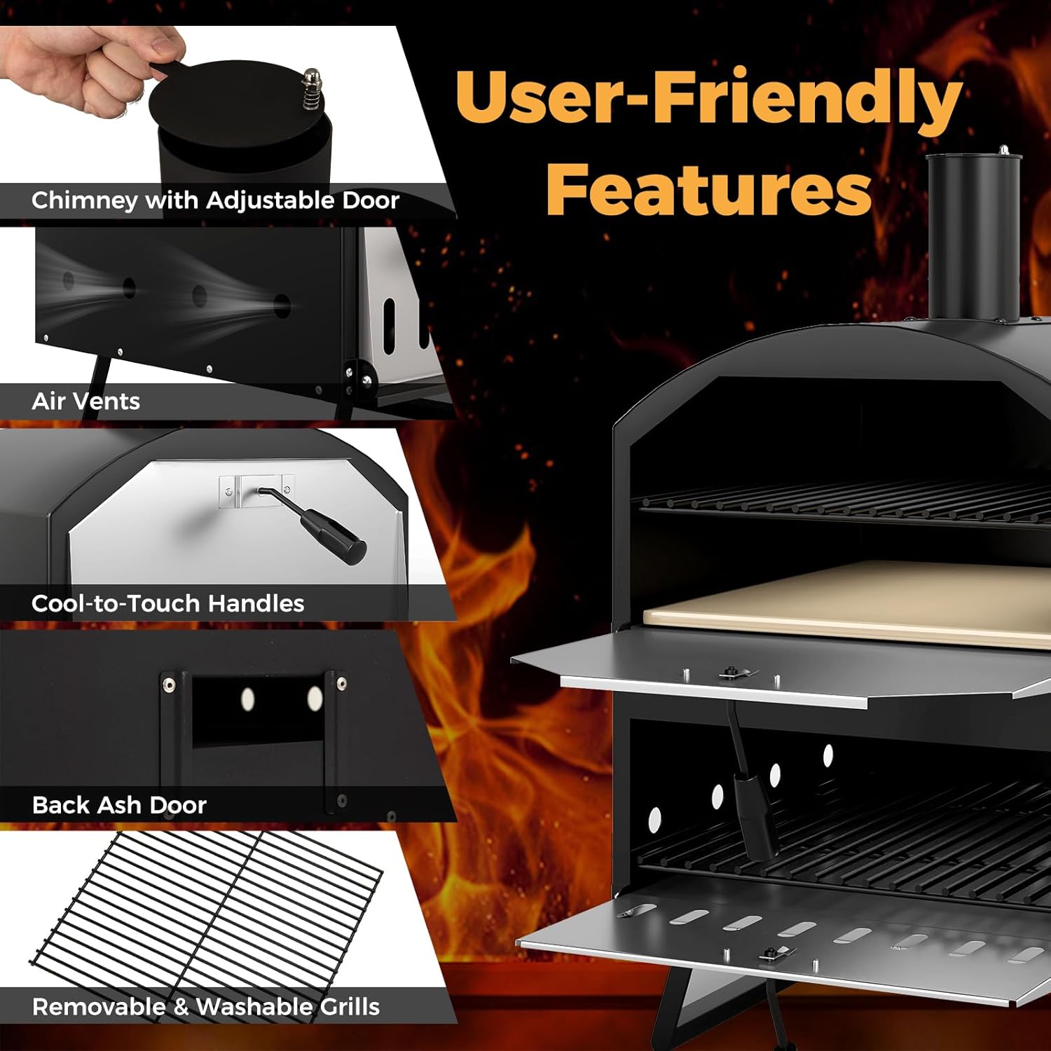COSTWAY Outdoor Pizza Oven, 1/2-Layer Wood Fired Pizza Maker with Waterproof Cover, Anti-scalding Handles, Pizza Stone & Pizza Peel, Outside Pizza Cooker (54 x 31 x 72 cm, 2-Layer, 1 Grill)