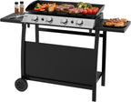 4 Burner Gas BBQ Plancha Grill 10kw Output Power with Detachable Trolley - Gas Bottle Regulator - Cover