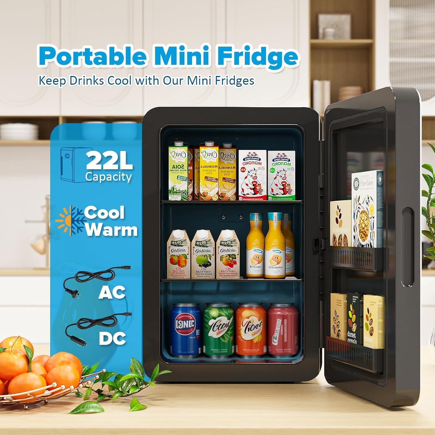 Mini Fridge 22L/30 Cans Portable Cooler & Warmer Mini Fridge for Bedrooms with Adjustable Shelves, AC+12V DC Small Fridges for Office, Car, Travel,Home, Skincare, Drinks & Cosmetics (Black)