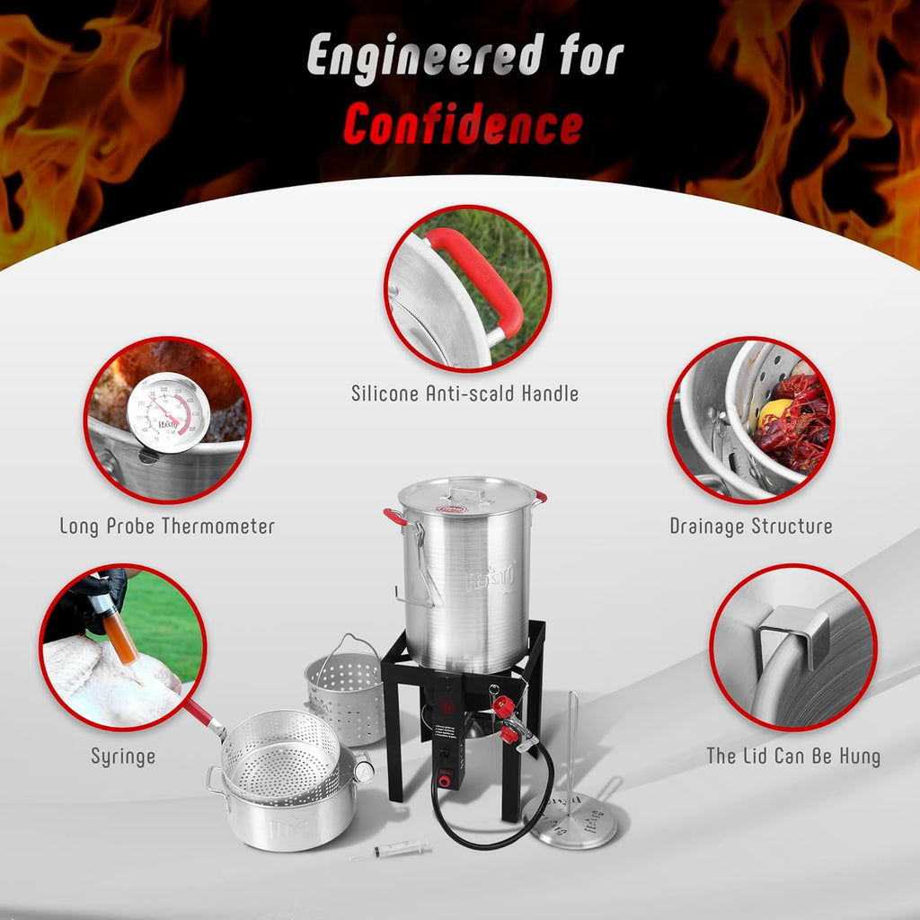 FEASTO 30 Qt Aluminum Turkey Fryer with Basket & 10QT Fish Fryer Kit, 50,000 BTU Outdoor Propane Burner, CSA Certified, Auto Ignition, 10PSI Regulator & Hose