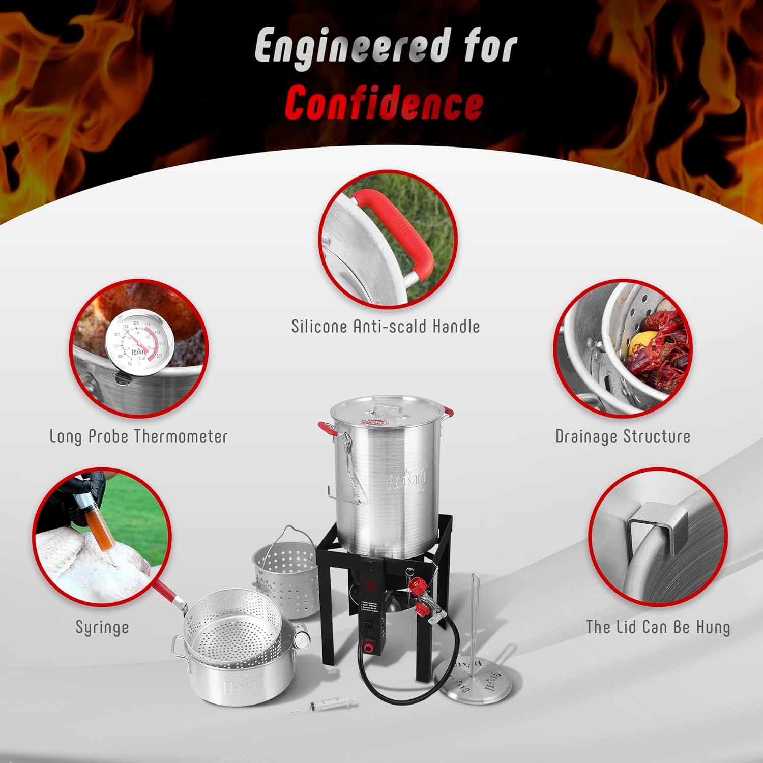FEASTO 30 Qt Aluminum Turkey Fryer with Basket & 10QT Fish Fryer Kit, 50,000 BTU Outdoor Propane Burner, CSA Certified, Auto Ignition, 10PSI Regulator & Hose