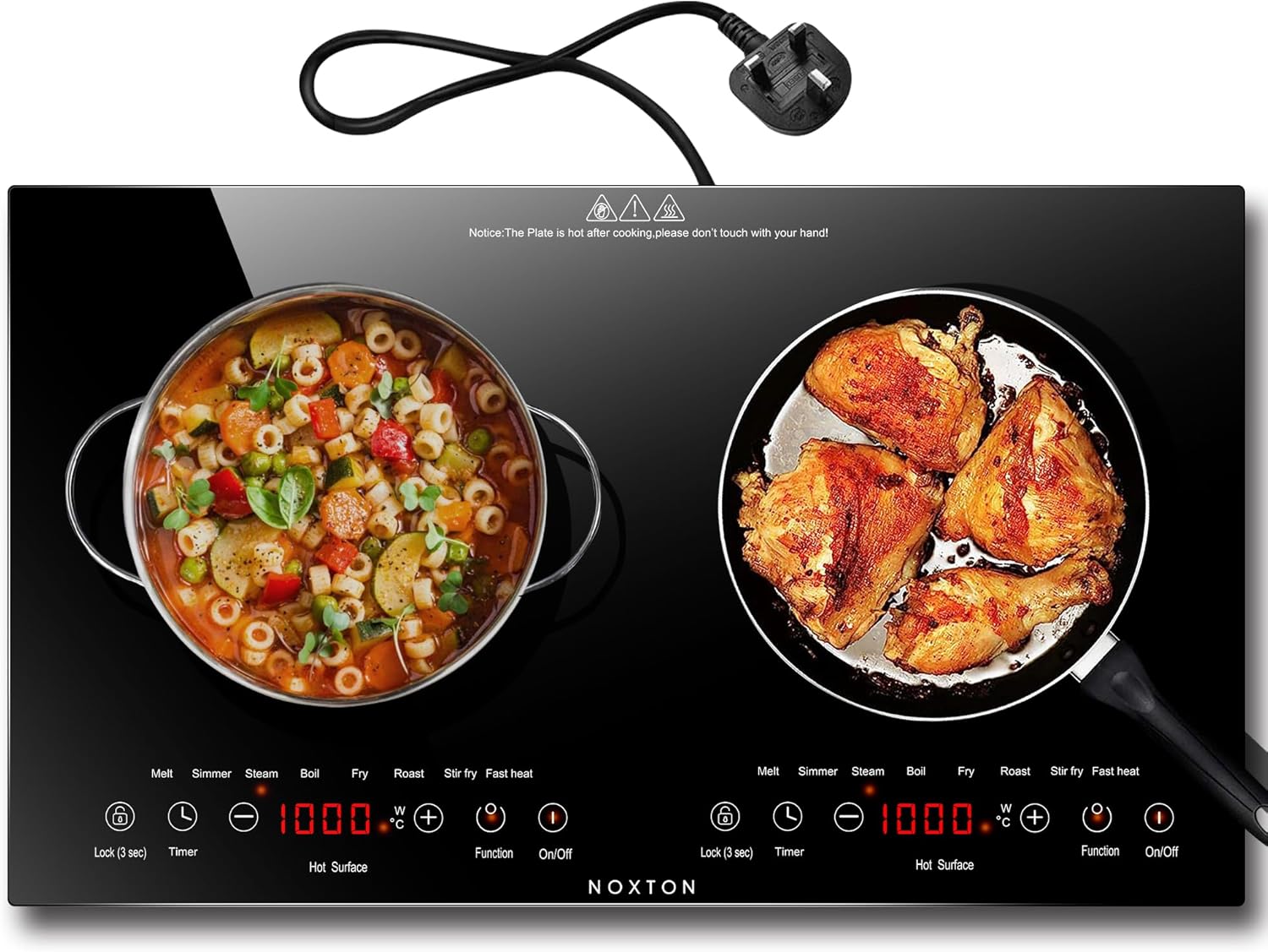 Noxton Double Ceramic Hob, Double Electric Hob Portable 30cm with 4-Hour Timer, 9 Power up to 2800W, Safety Lock, for All Type Pot