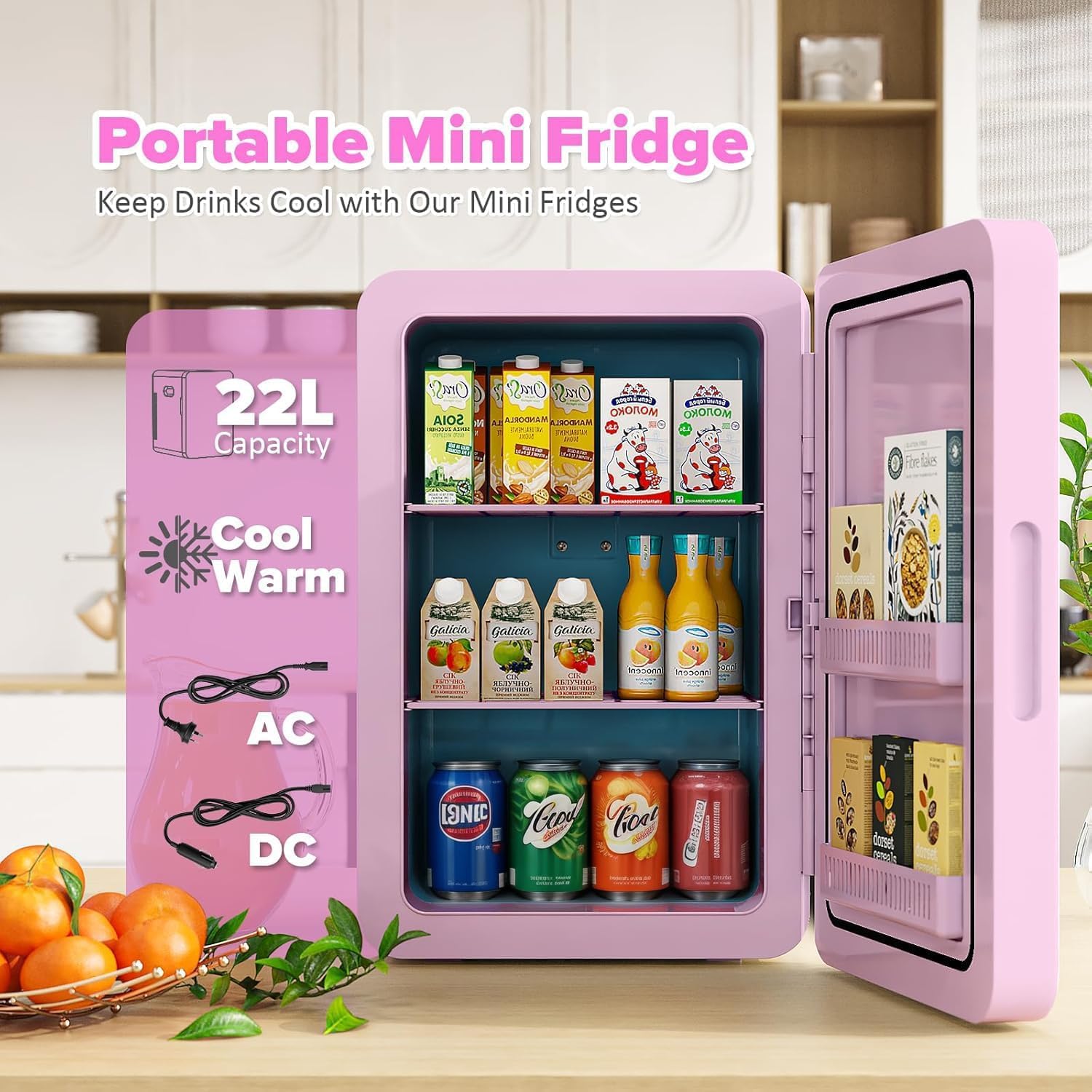 Mini Fridge 22L/30 Cans Portable Cooler & Warmer Mini Fridge for Bedrooms with Adjustable Shelves, AC+12V DC Small Fridges for Office, Car, Travel,Home, Skincare, Drinks & Cosmetics (Black)
