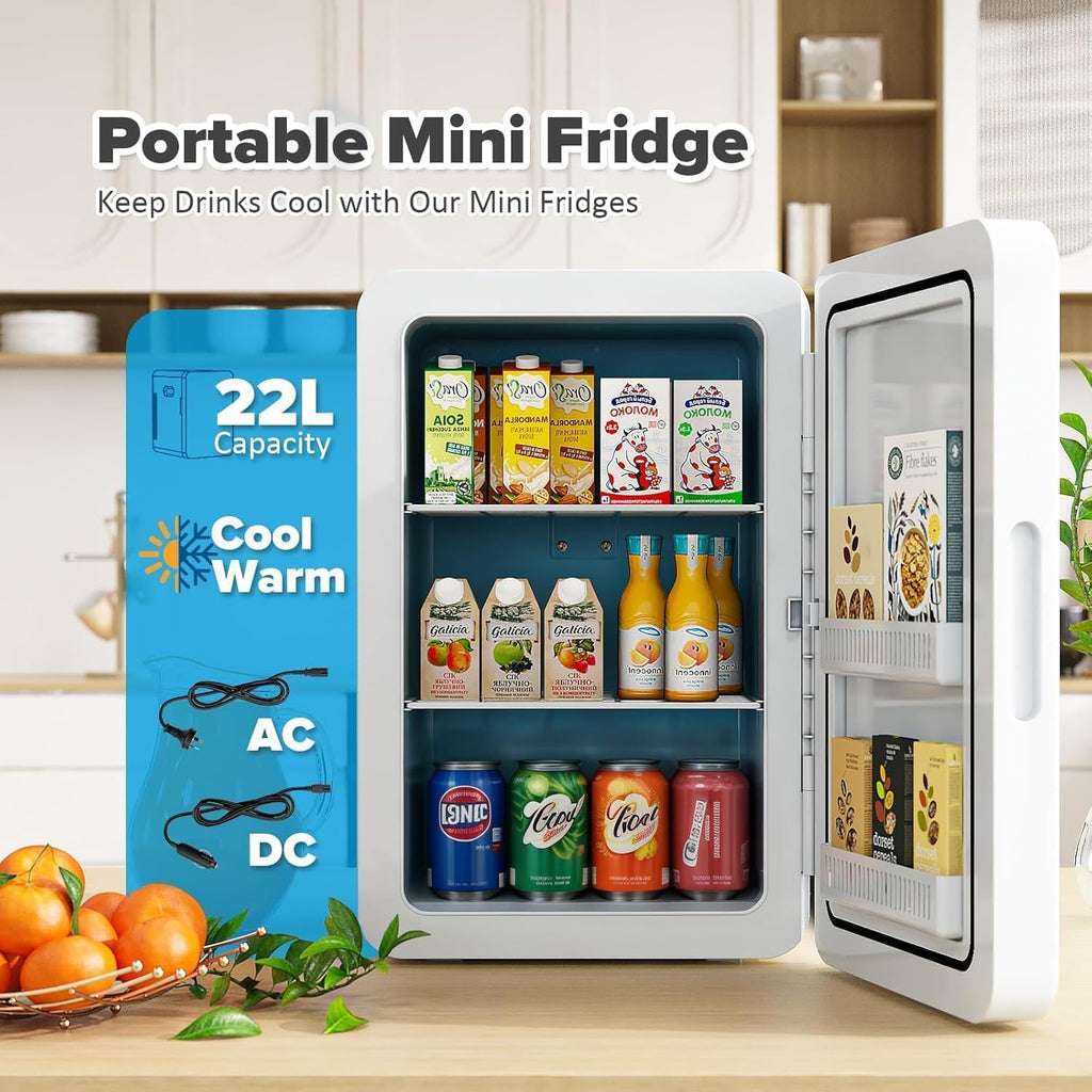 Mini Fridge 22L/30 Cans Portable Cooler & Warmer Mini Fridge for Bedrooms with Adjustable Shelves, AC+12V DC Small Fridges for Office, Car, Travel,Home, Skincare, Drinks & Cosmetics (Black)