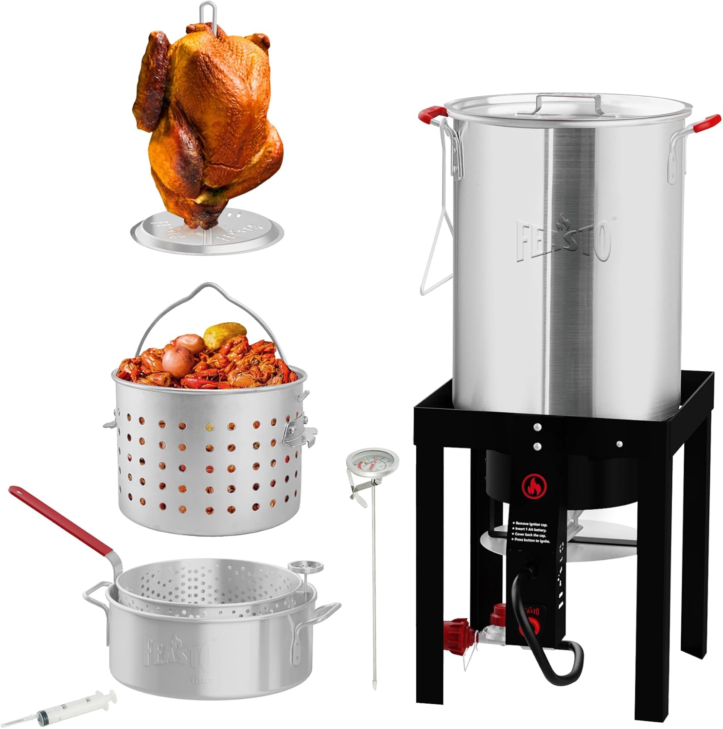 FEASTO 30 Qt Aluminum Turkey Fryer with Basket & 10QT Fish Fryer Kit, 50,000 BTU Outdoor Propane Burner, CSA Certified, Auto Ignition, 10PSI Regulator & Hose