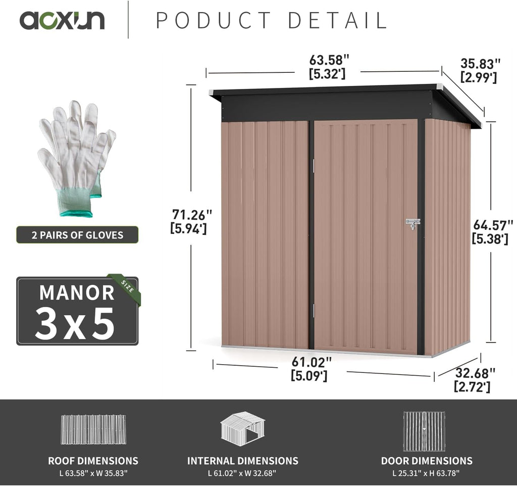 Aoxun Outdoor Storage Shed, 3' x 5' Galvanized Metal Shed with Air Vent and Sliding Door, Tool Storage, Bike Shed, Garden Tool Storage Shed, for Patio, Lawn