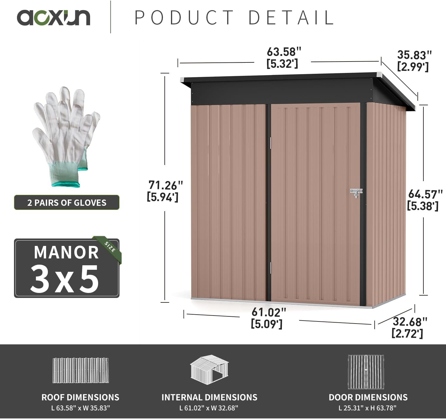 Aoxun Outdoor Storage Shed, 3' x 5' Galvanized Metal Shed with Air Vent and Sliding Door, Tool Storage, Bike Shed, Garden Tool Storage Shed, for Patio, Lawn