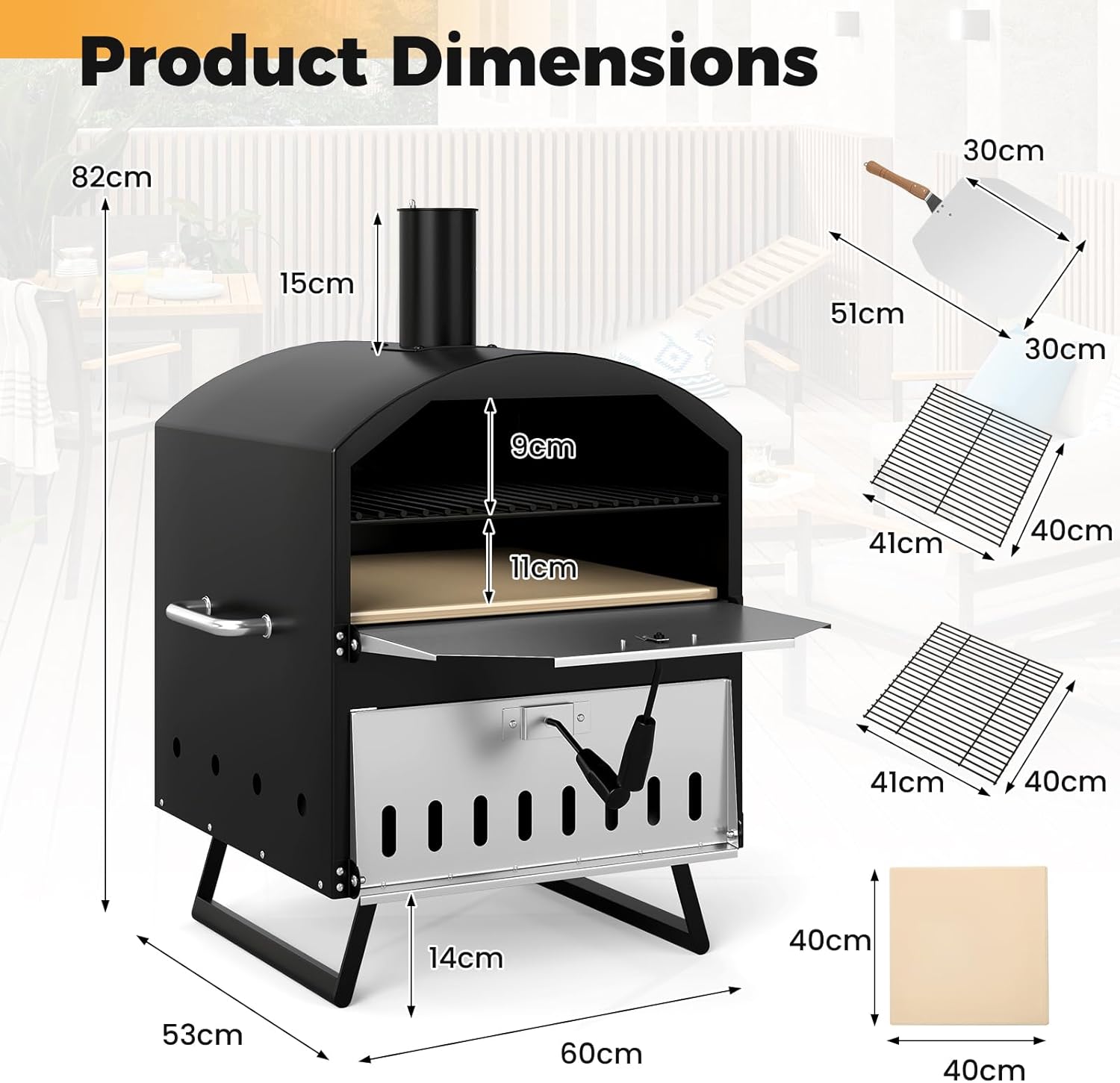 COSTWAY Outdoor Pizza Oven, 1/2-Layer Wood Fired Pizza Maker with Waterproof Cover, Anti-scalding Handles, Pizza Stone & Pizza Peel, Outside Pizza Cooker (54 x 31 x 72 cm, 2-Layer, 1 Grill)