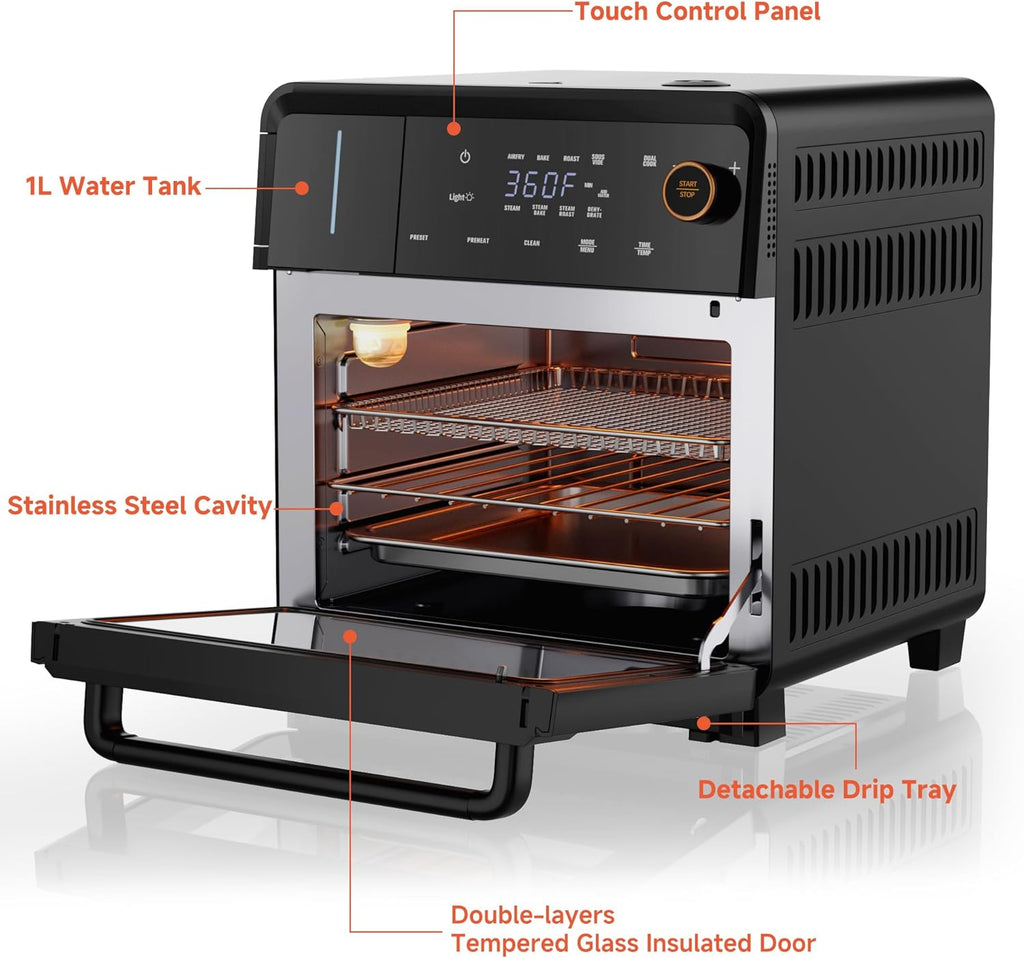 OUNIN Steam Oven 18L, 11-in-1 Air Fryer Oven with Steam Infusion, Dual Cook, Bake, Roast, Dehydrate & Self-Cleaning, 360° Even Heating, Easy to Use, Stainless Steel Inner, Space-saving Design