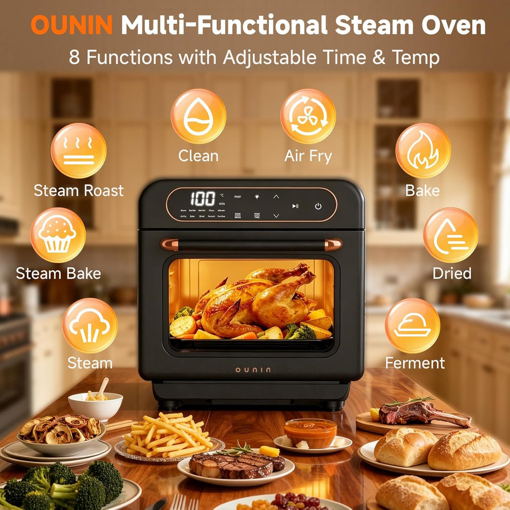 OUNIN Steam Oven 18L, 11-in-1 Air Fryer Oven with Steam Infusion, Dual Cook, Bake, Roast, Dehydrate & Self-Cleaning, 360° Even Heating, Easy to Use, Stainless Steel Inner, Space-saving Design