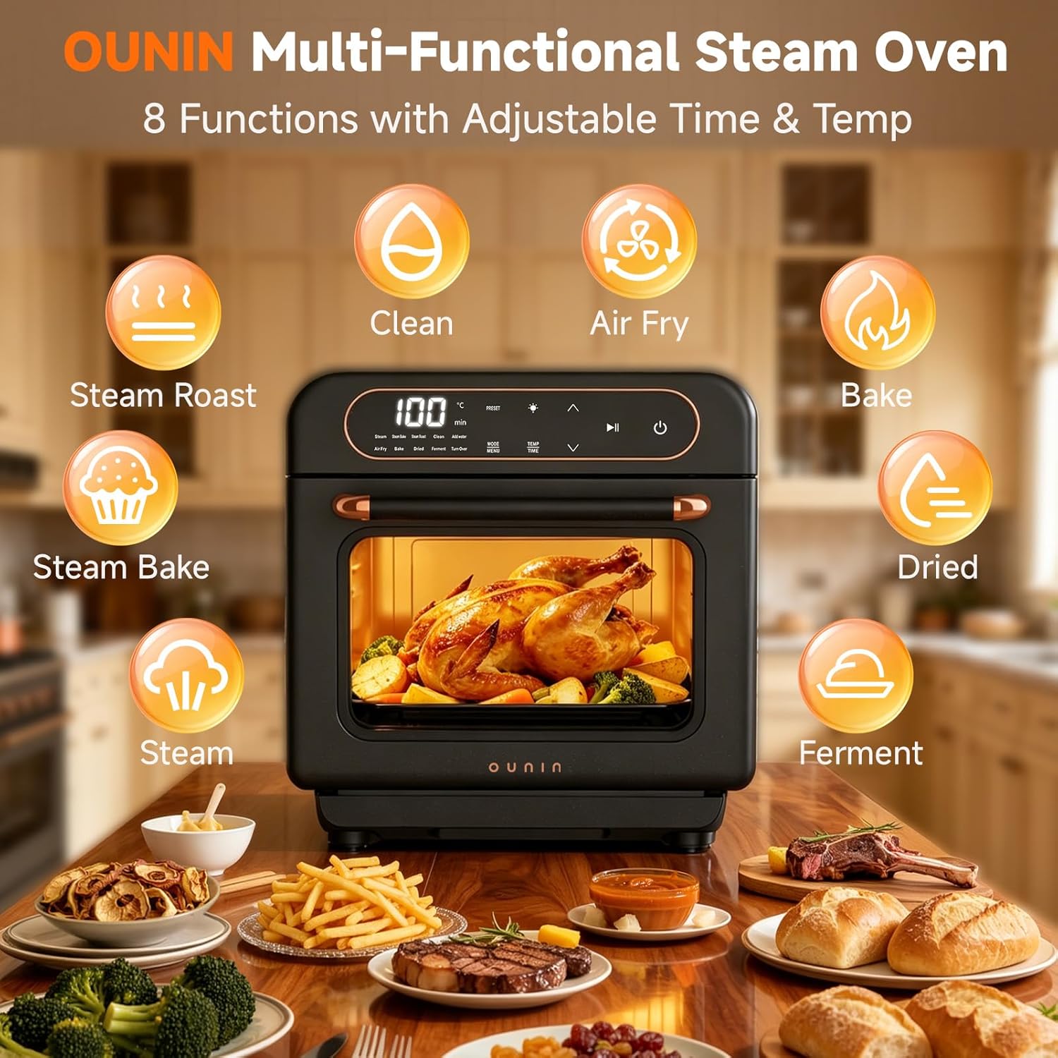 OUNIN Steam Oven 18L, 11-in-1 Air Fryer Oven with Steam Infusion, Dual Cook, Bake, Roast, Dehydrate & Self-Cleaning, 360° Even Heating, Easy to Use, Stainless Steel Inner, Space-saving Design