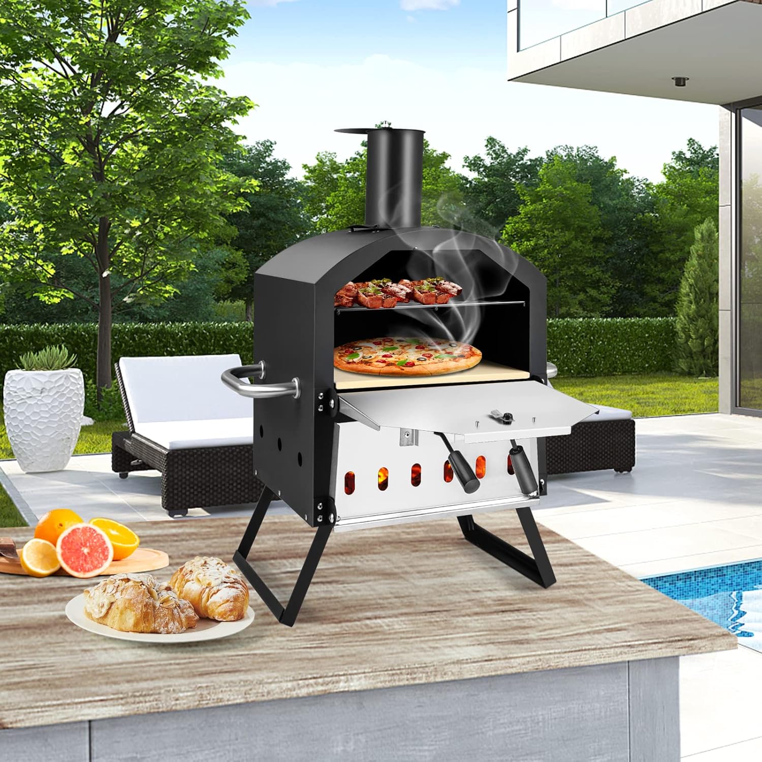 COSTWAY Outdoor Pizza Oven, 1/2-Layer Wood Fired Pizza Maker with Waterproof Cover, Anti-scalding Handles, Pizza Stone & Pizza Peel, Outside Pizza Cooker (54 x 31 x 72 cm, 2-Layer, 1 Grill)