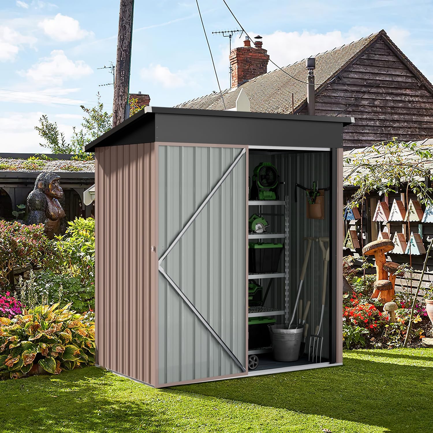 Aoxun Outdoor Storage Shed, 3' x 5' Galvanized Metal Shed with Air Vent and Sliding Door, Tool Storage, Bike Shed, Garden Tool Storage Shed, for Patio, Lawn
