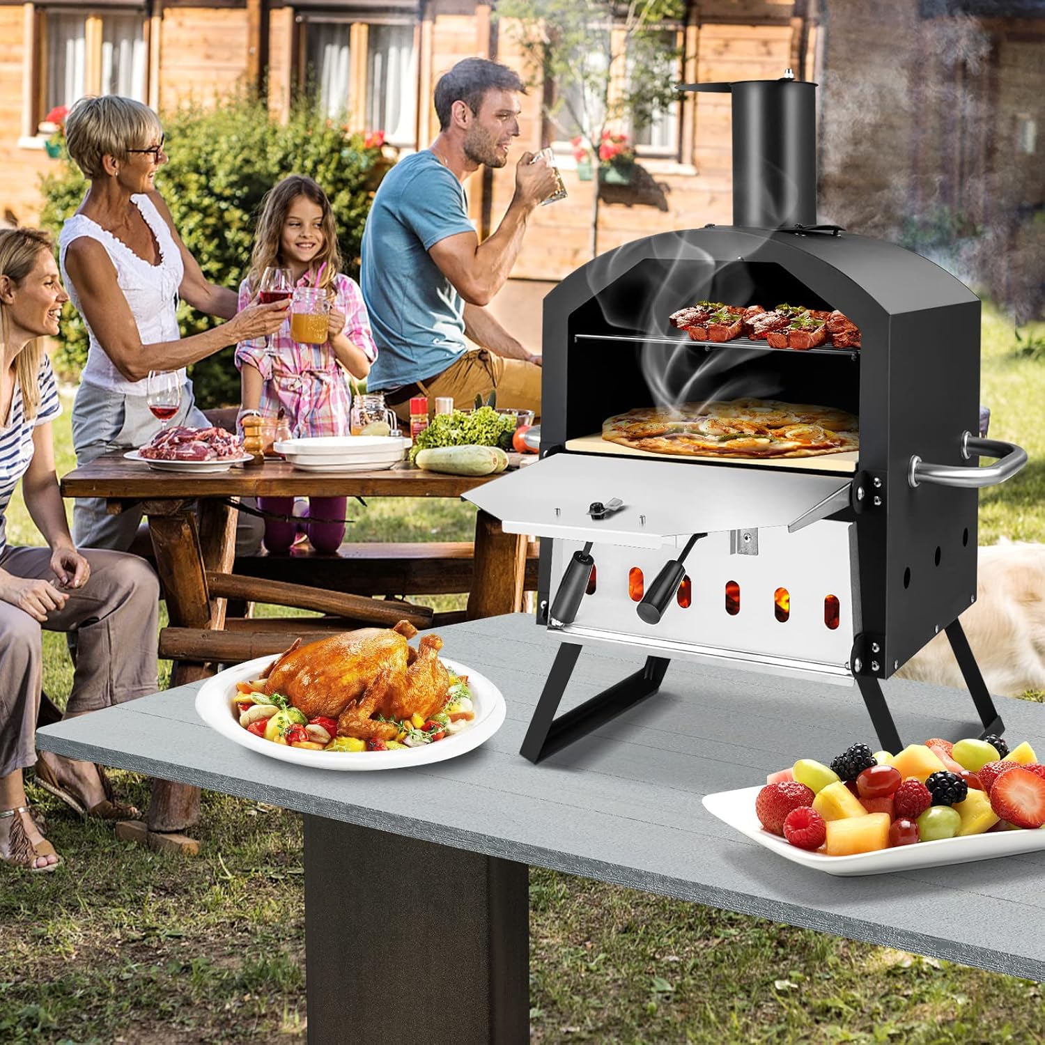 COSTWAY Outdoor Pizza Oven, 1/2-Layer Wood Fired Pizza Maker with Waterproof Cover, Anti-scalding Handles, Pizza Stone & Pizza Peel, Outside Pizza Cooker (54 x 31 x 72 cm, 2-Layer, 1 Grill)