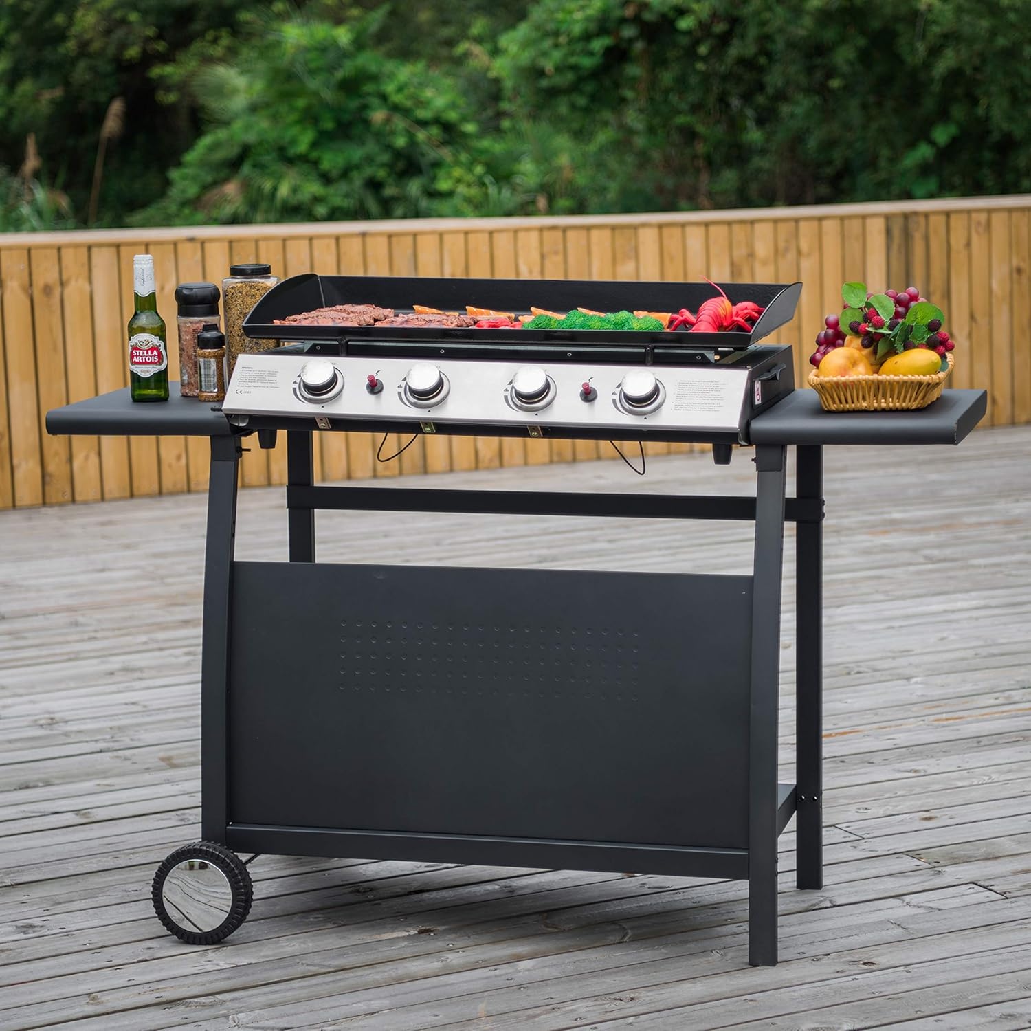 4 Burner Gas BBQ Plancha Grill 10kw Output Power with Detachable Trolley - Gas Bottle Regulator - Cover