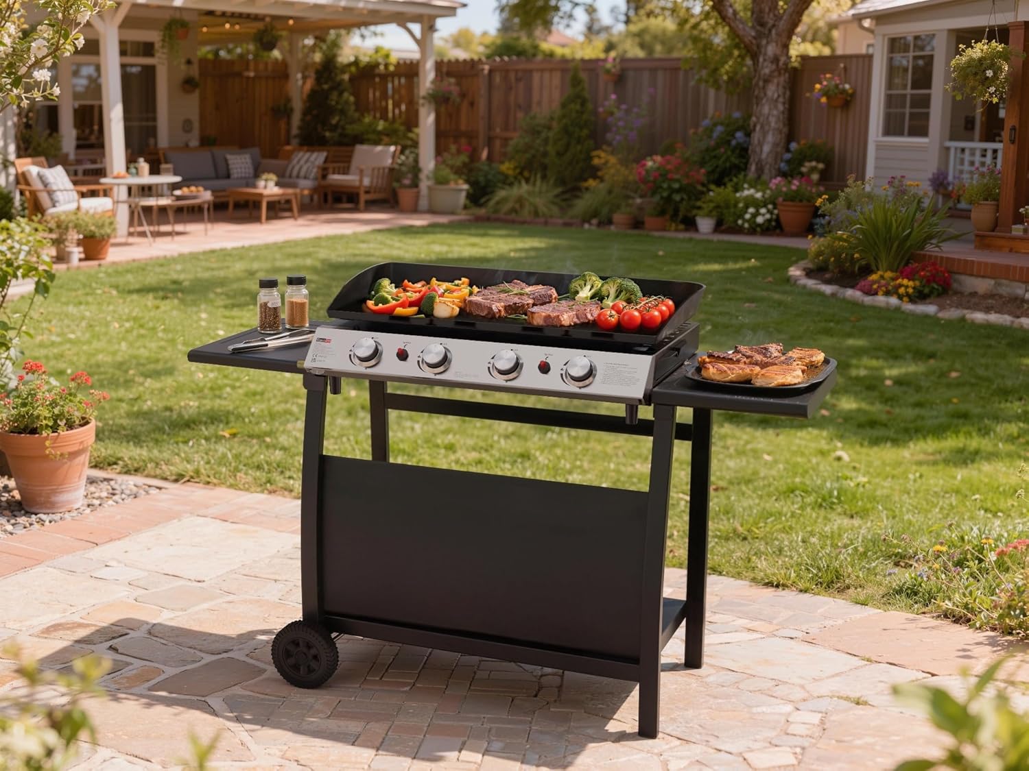 4 Burner Gas BBQ Plancha Grill 10kw Output Power with Detachable Trolley - Gas Bottle Regulator - Cover