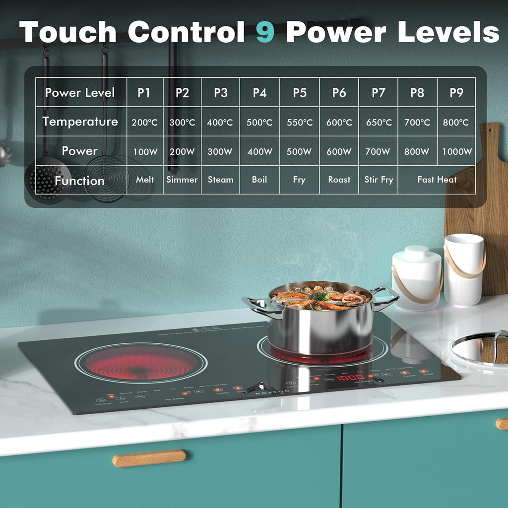 Noxton Double Ceramic Hob, Double Electric Hob Portable 30cm with 4-Hour Timer, 9 Power up to 2800W, Safety Lock, for All Type Pot