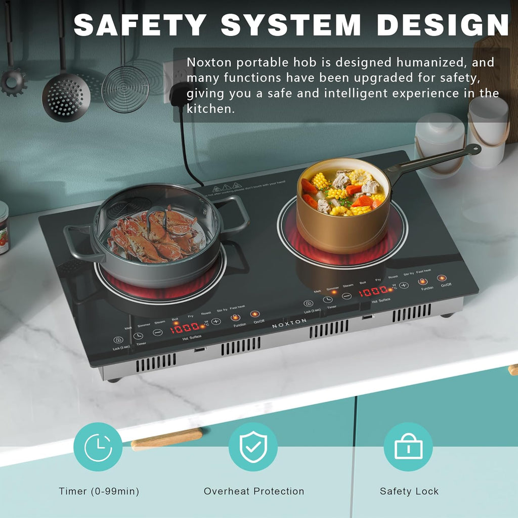 Noxton Double Ceramic Hob, Double Electric Hob Portable 30cm with 4-Hour Timer, 9 Power up to 2800W, Safety Lock, for All Type Pot
