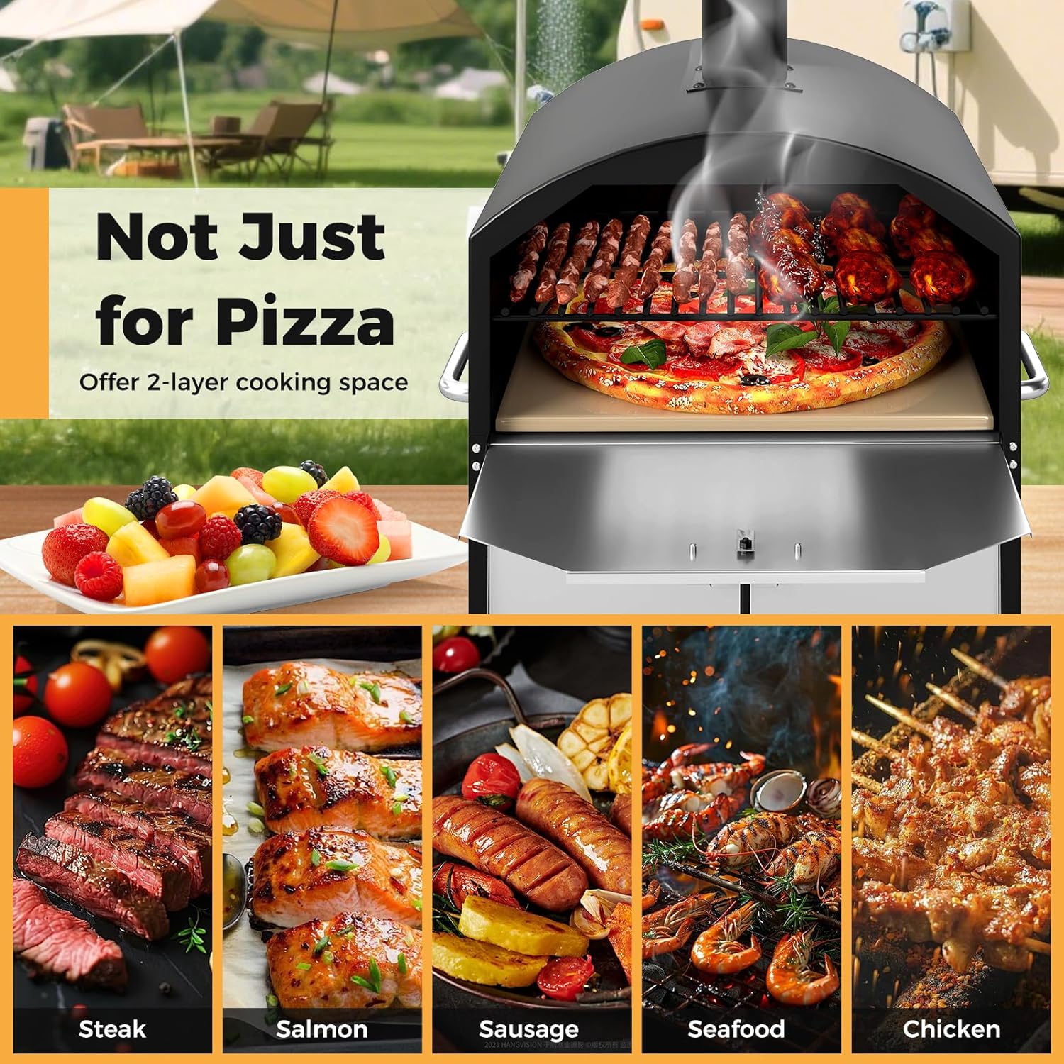 COSTWAY Outdoor Pizza Oven, 1/2-Layer Wood Fired Pizza Maker with Waterproof Cover, Anti-scalding Handles, Pizza Stone & Pizza Peel, Outside Pizza Cooker (54 x 31 x 72 cm, 2-Layer, 1 Grill)