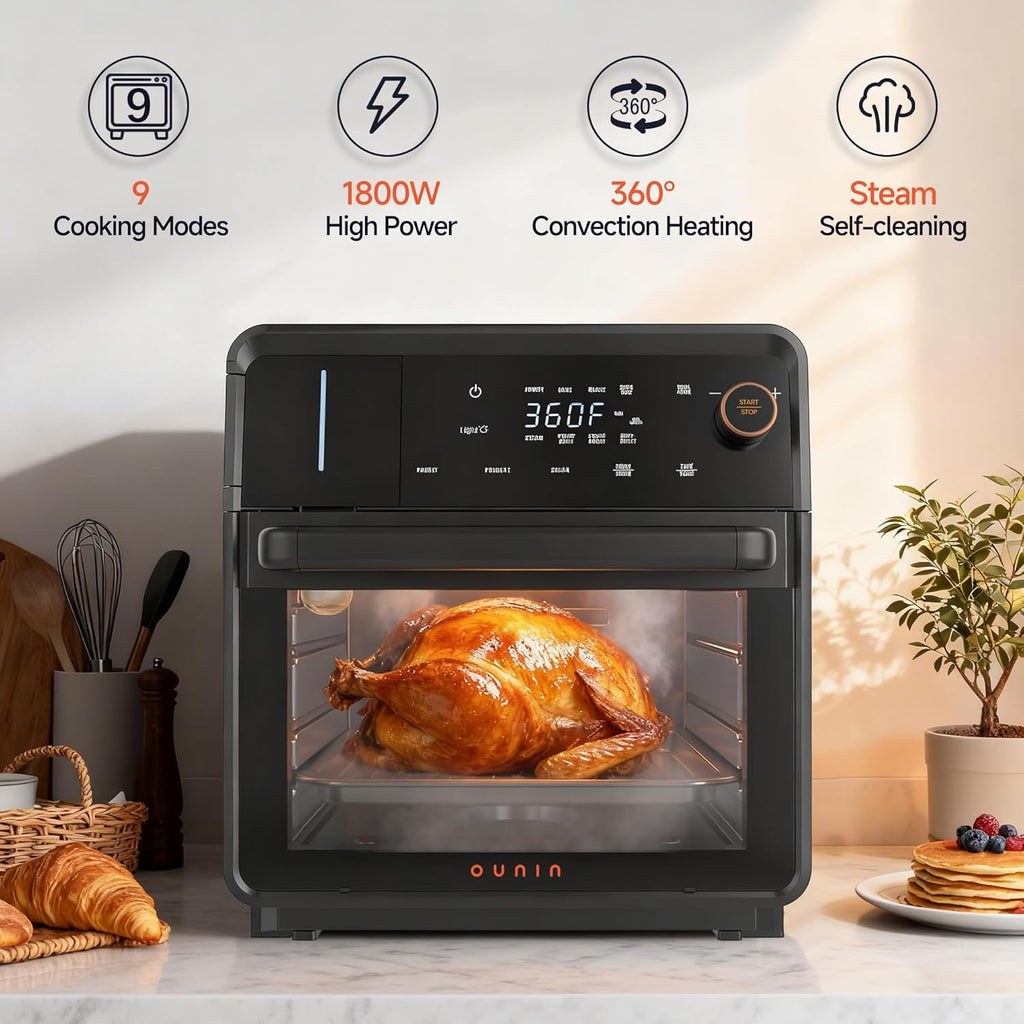 OUNIN Steam Oven 18L, 11-in-1 Air Fryer Oven with Steam Infusion, Dual Cook, Bake, Roast, Dehydrate & Self-Cleaning, 360° Even Heating, Easy to Use, Stainless Steel Inner, Space-saving Design