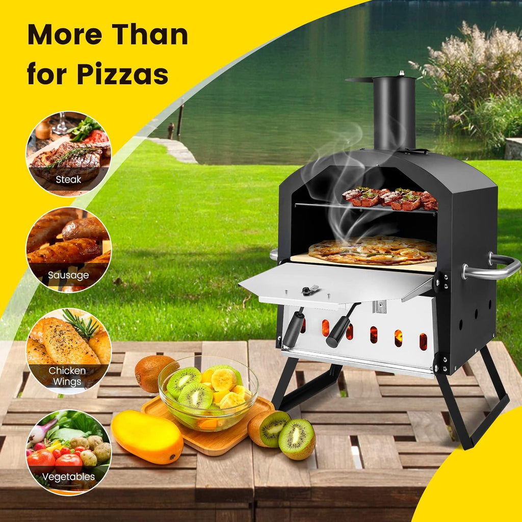 COSTWAY Outdoor Pizza Oven, 1/2-Layer Wood Fired Pizza Maker with Waterproof Cover, Anti-scalding Handles, Pizza Stone & Pizza Peel, Outside Pizza Cooker (54 x 31 x 72 cm, 2-Layer, 1 Grill)