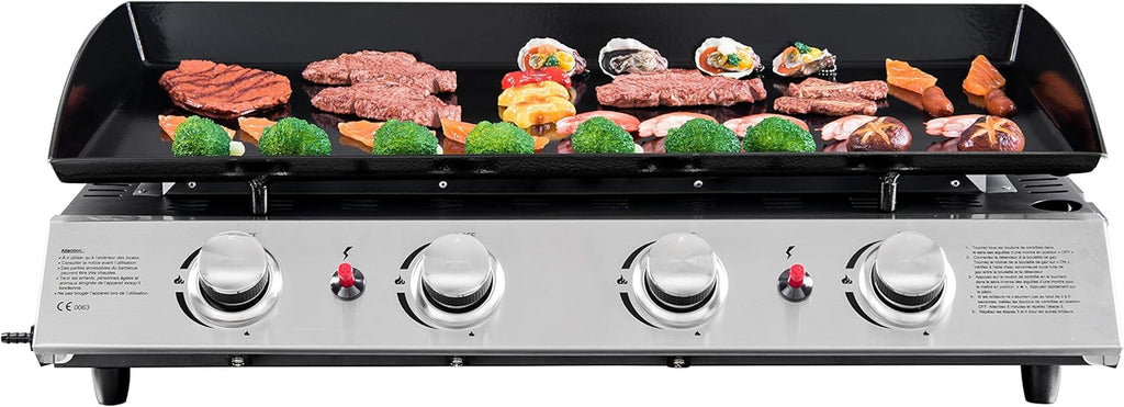 4 Burner Gas BBQ Plancha Grill 10kw Output Power with Detachable Trolley - Gas Bottle Regulator - Cover