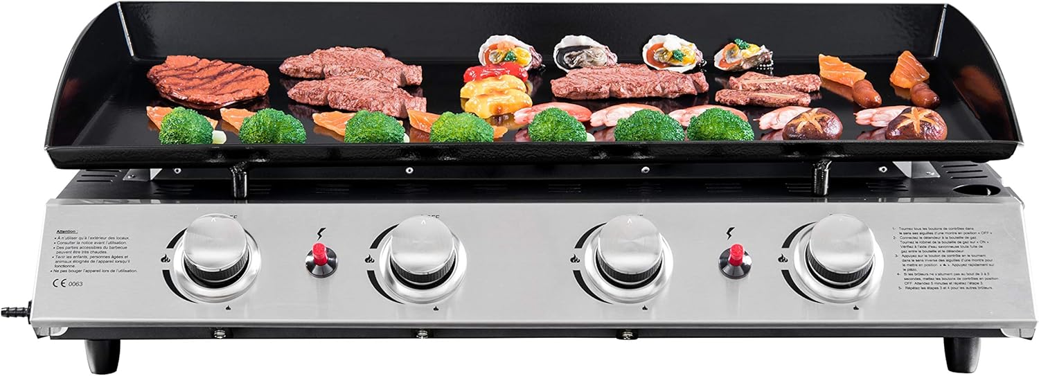 4 Burner Gas BBQ Plancha Grill 10kw Output Power with Detachable Trolley - Gas Bottle Regulator - Cover