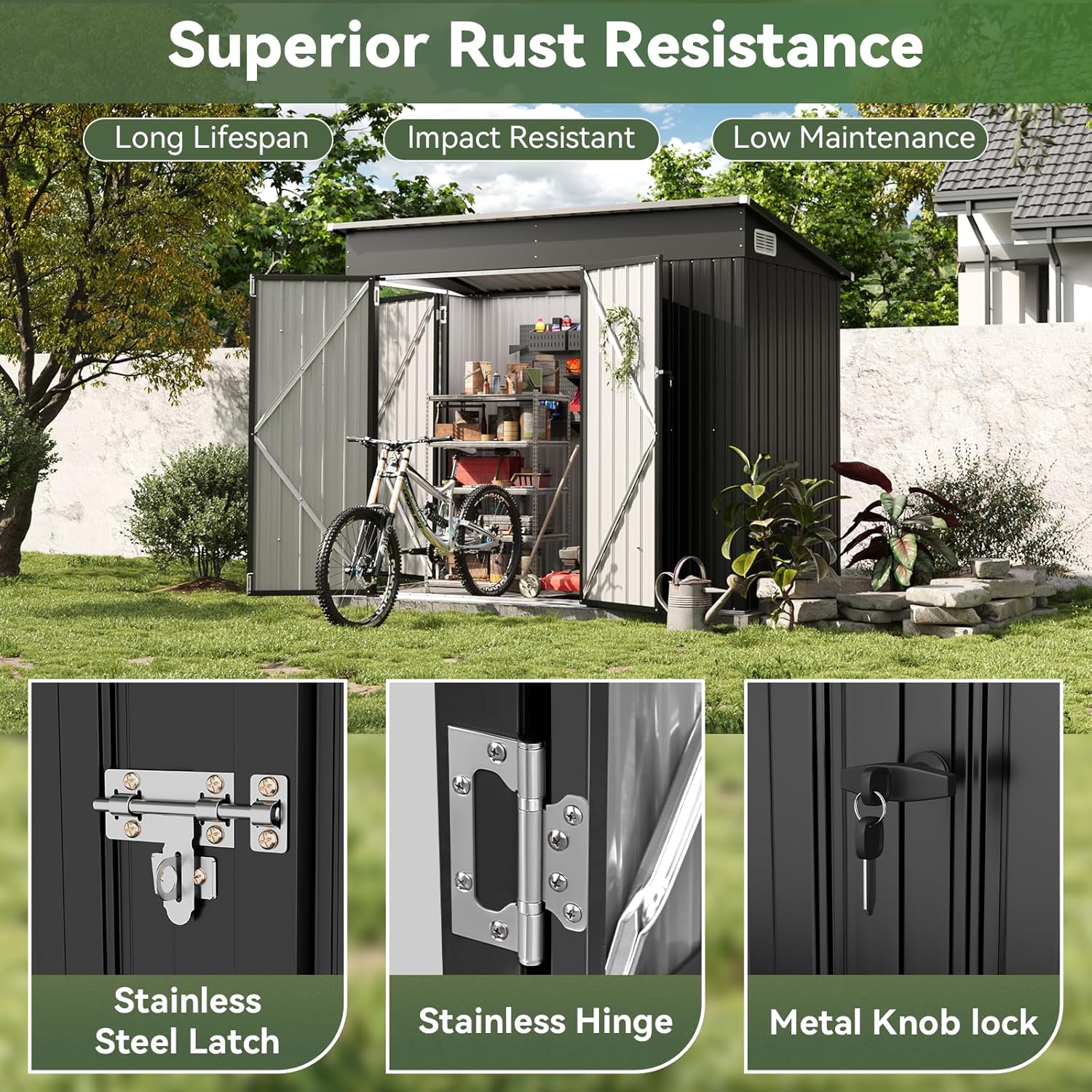 Aoxun Outdoor Storage Shed, 3' x 5' Galvanized Metal Shed with Air Vent and Sliding Door, Tool Storage, Bike Shed, Garden Tool Storage Shed, for Patio, Lawn