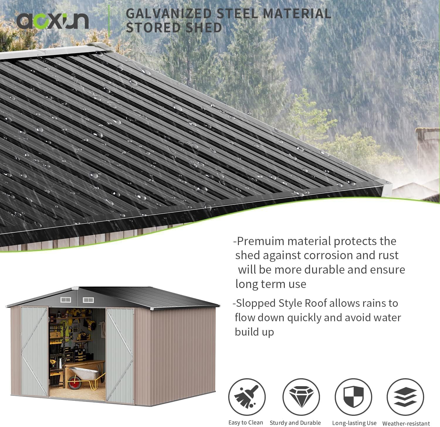 Aoxun Outdoor Storage Shed, 3' x 5' Galvanized Metal Shed with Air Vent and Sliding Door, Tool Storage, Bike Shed, Garden Tool Storage Shed, for Patio, Lawn